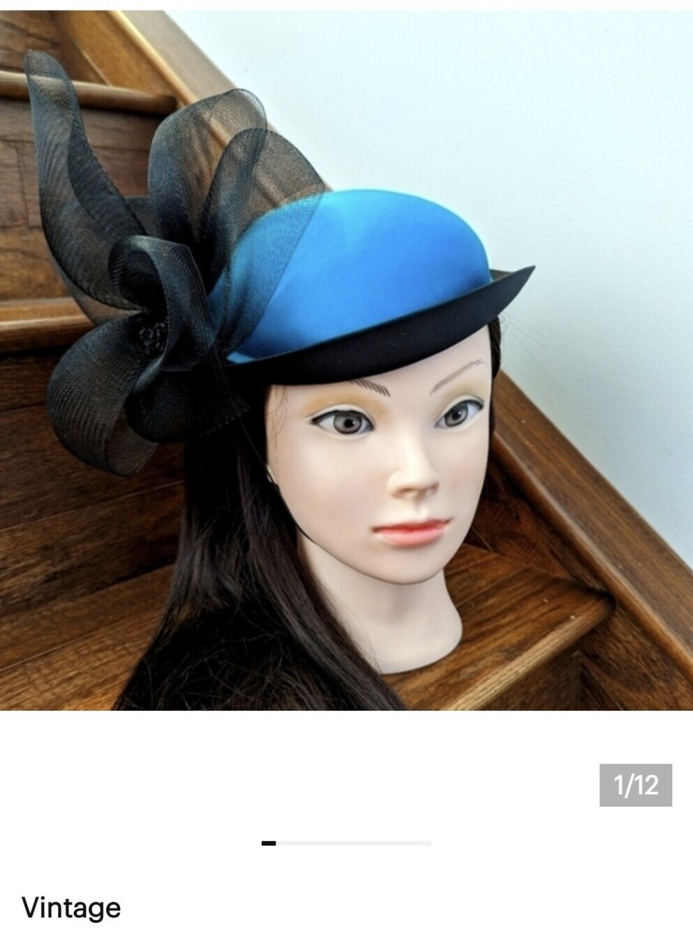 Vintage Teal & black fascinator hat, hat box, Derby Hat, Wedding Hat, Church Hat
